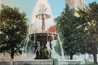 Lyman Fountain: The original fountain as it looked at the turn of the 20th century. St. Peter's Church is visible in the background of this postcard. Courtesy: Dorchester Historical Society/Earl Taylor